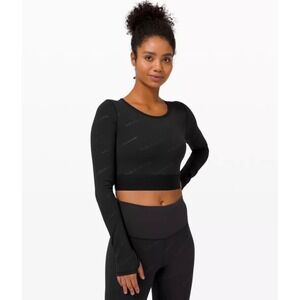 Lululemon Wunder Train Crop Long Sleeve Thumbhole Embossed Logo Black Size 6 NWT